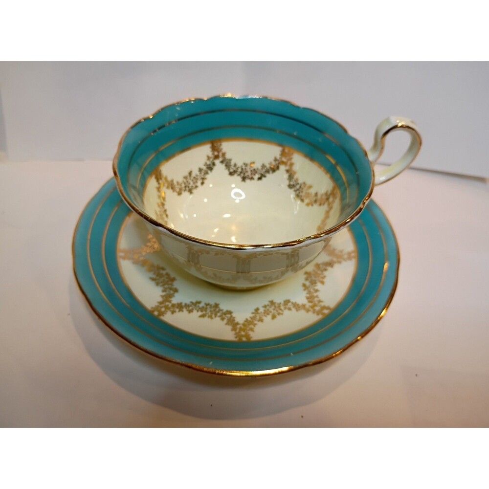 Aynsley Turquoise with Gold Swags Bone China Teacup and Saucer